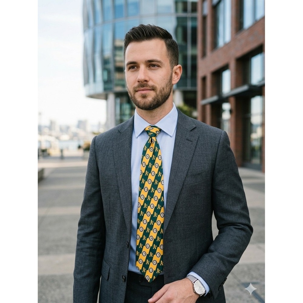 Eagles Wings Oakland Athletics Tie Yellow Green Silk Striped Logo MLB Necktie